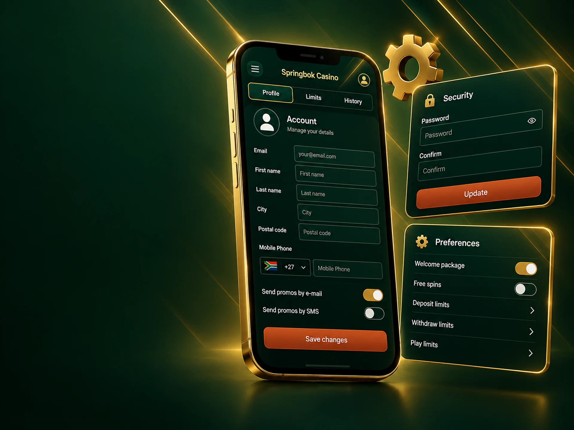 Account settings panels on a phone screen with profile and notification switches