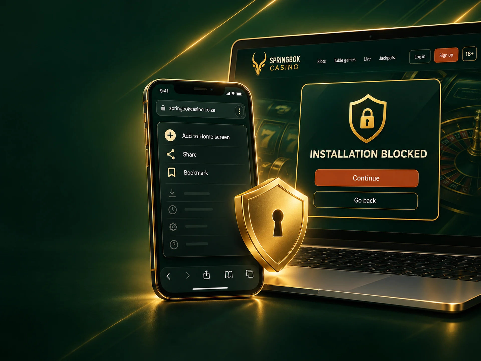 Phone and laptop each showing a blocked install warning with a shield icon