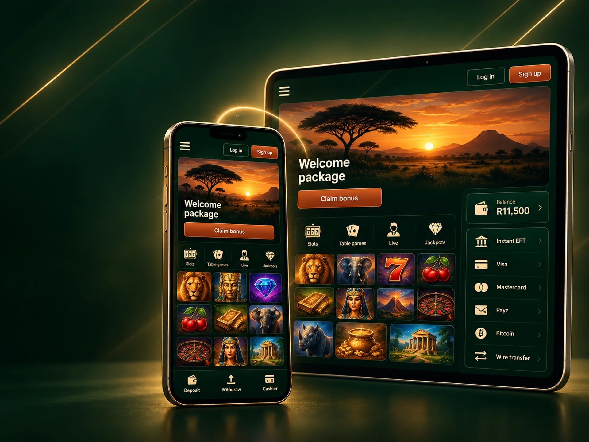 A phone and a tablet side by side showing the same Springbok Casino lobby