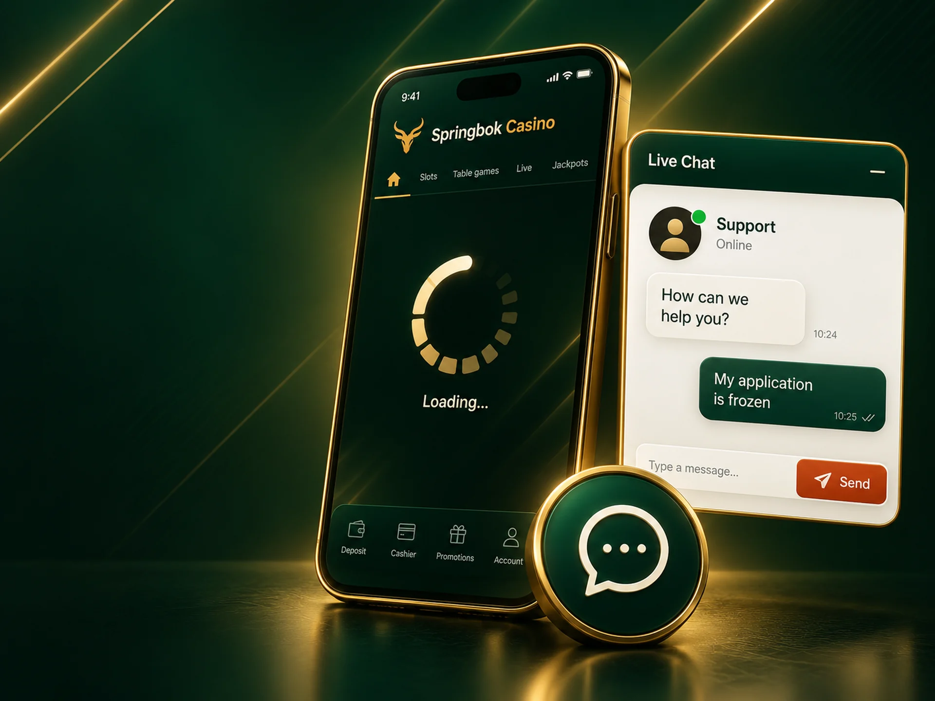 Phone with a frozen loading spinner next to a support chat bubble