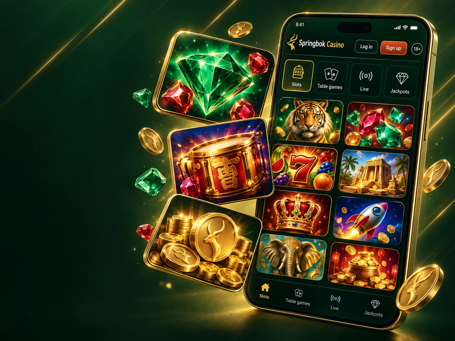 Phone lobby with slot game tiles and floating gold coins and gems