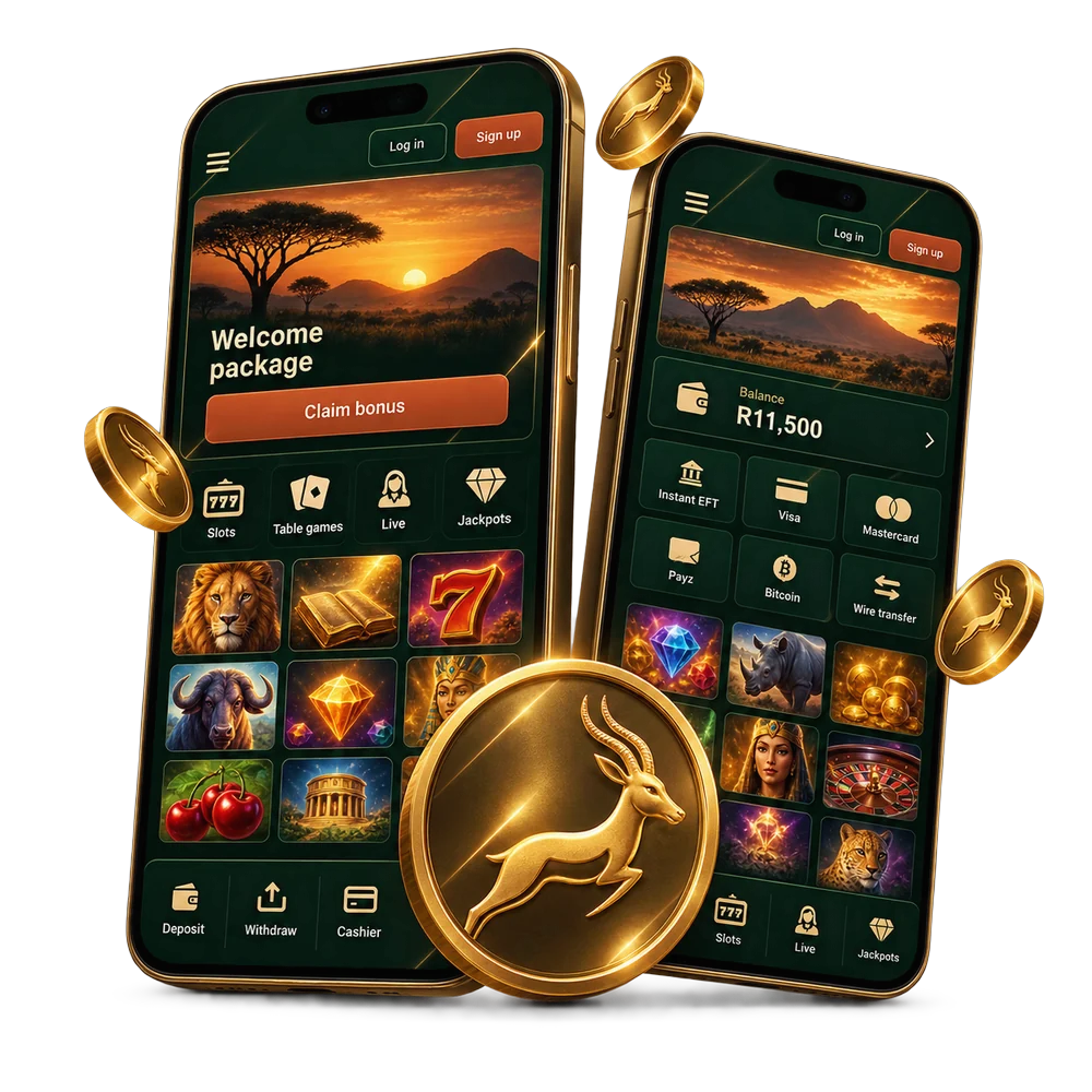 Two phones showing the Springbok Casino lobby, with a gold springbok emblem between them