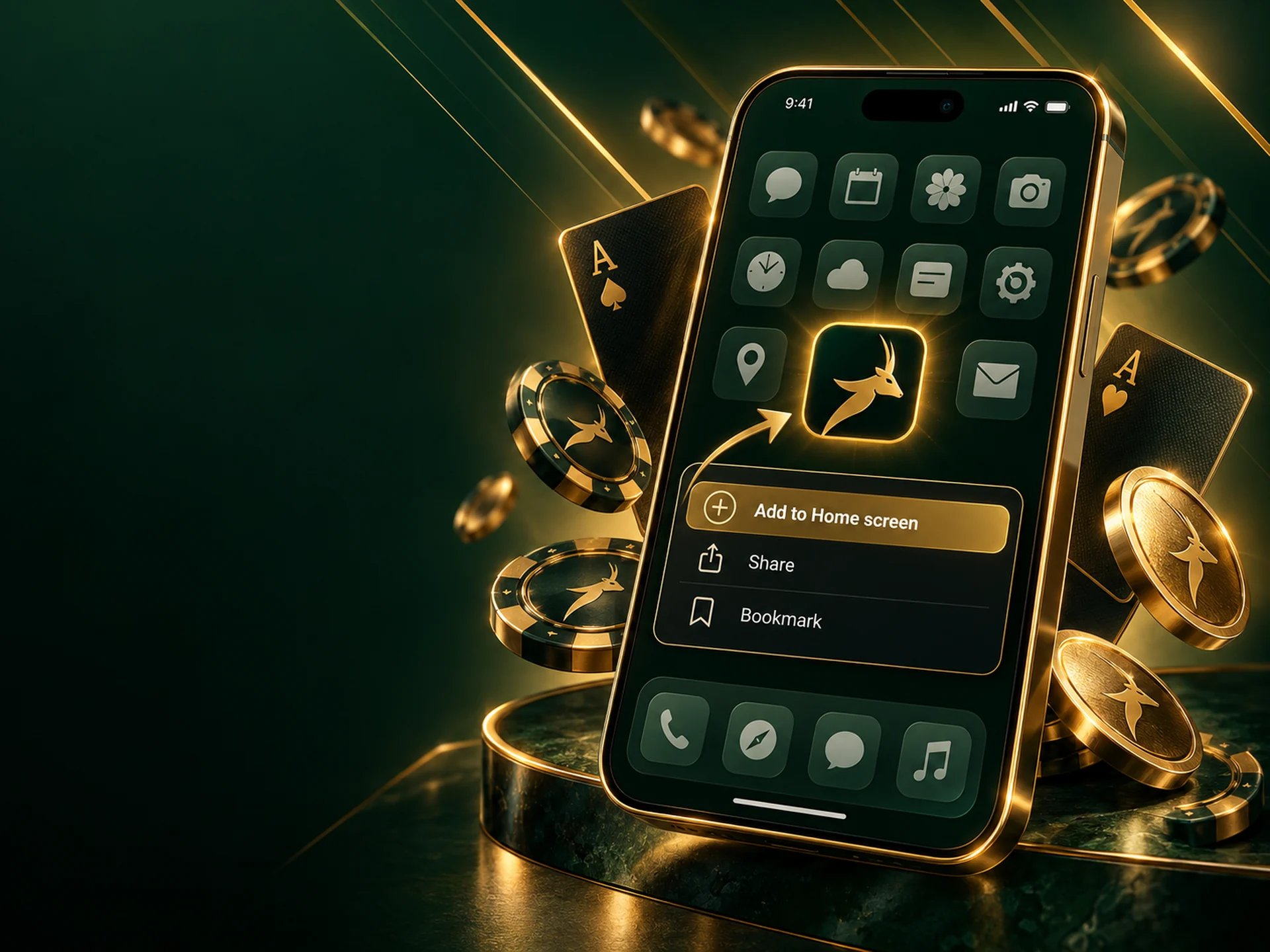 Phone showing the add-to-home-screen step, with the Springbok Casino icon appearing on the home screen