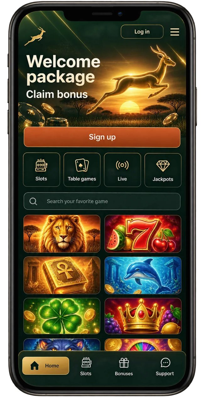 Springbok Casino home screen with the welcome package banner