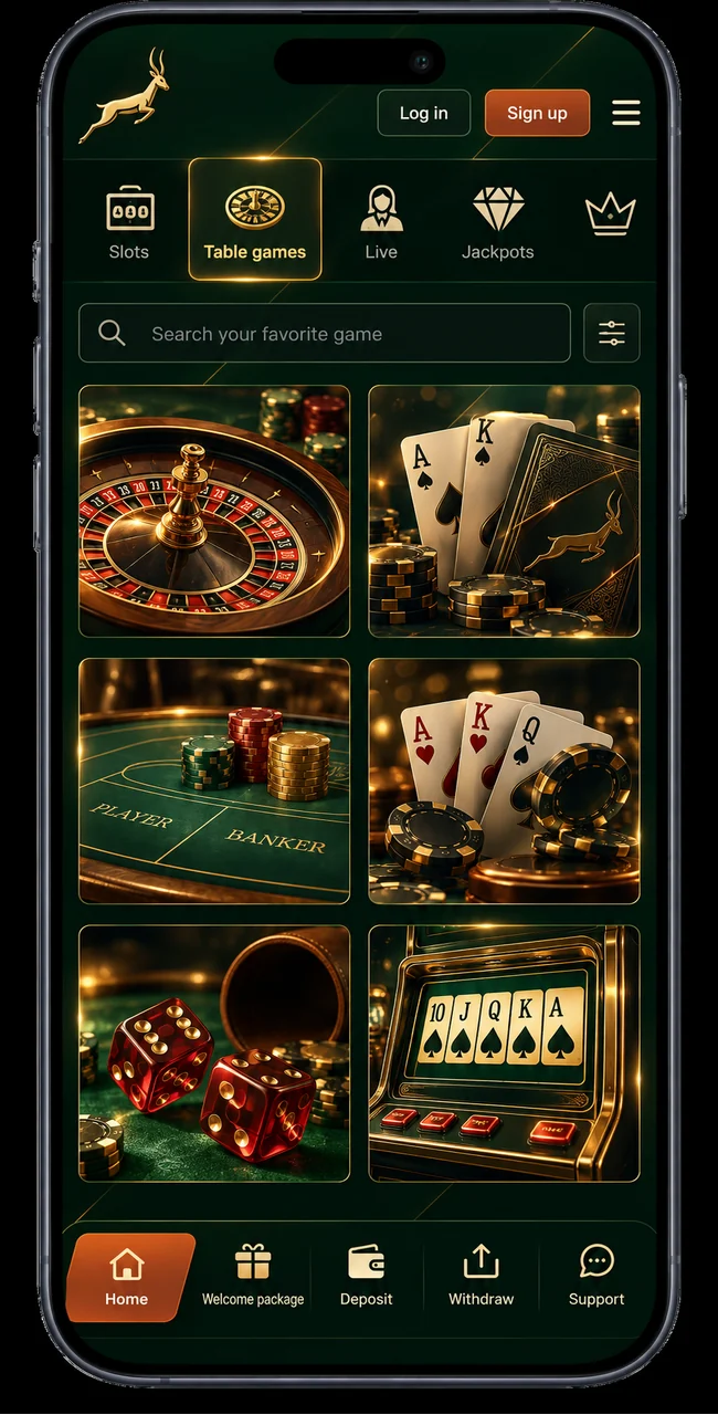 Table games section on a phone