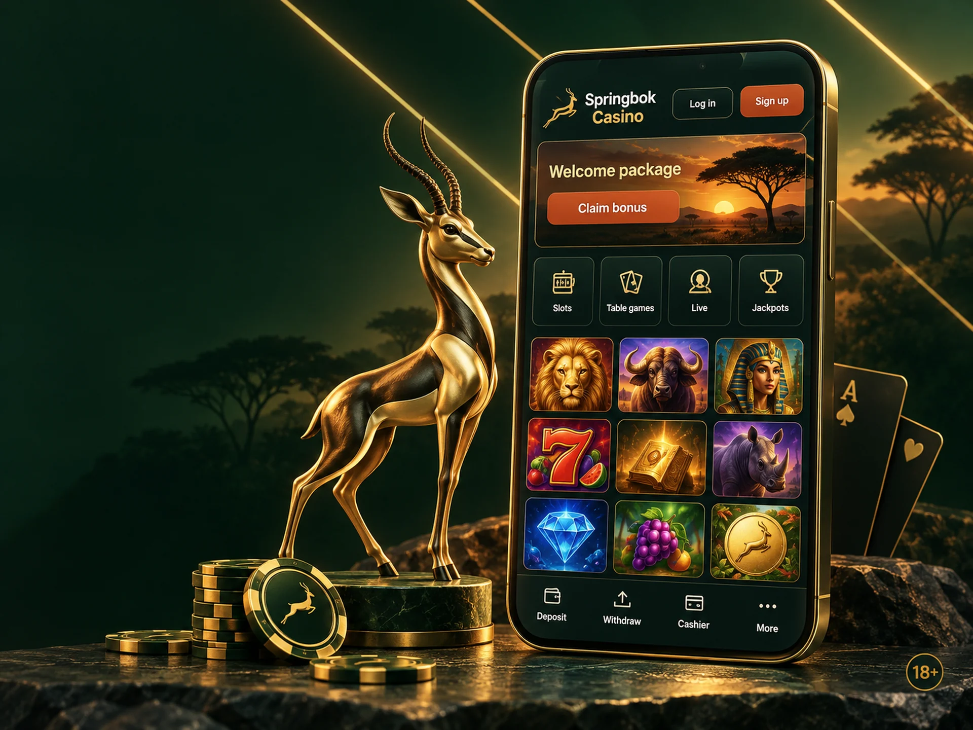 Phone with the Springbok Casino lobby on screen next to a gold springbok figure