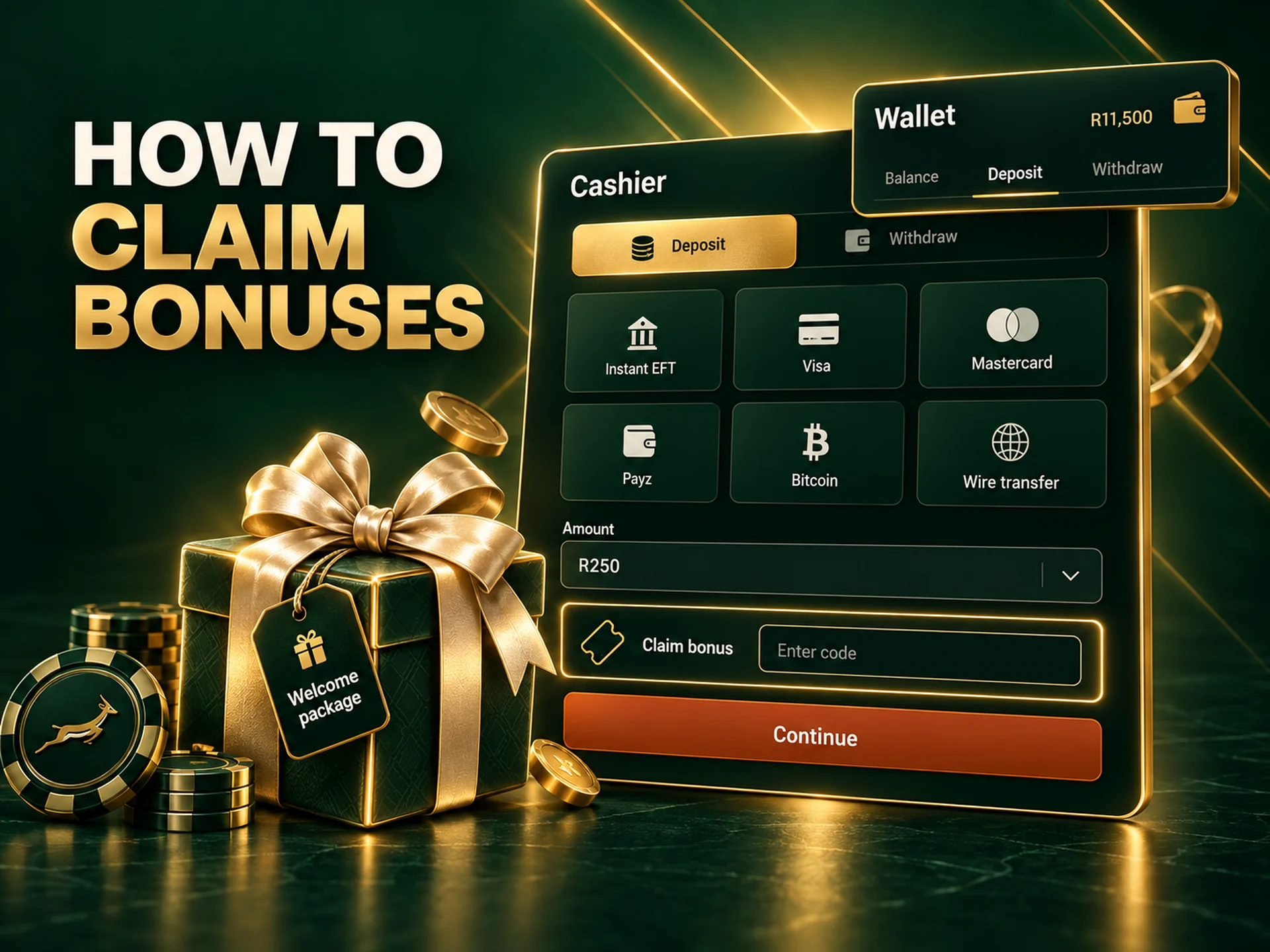 Cashier panel with a coupon code field highlighted in gold and a gift box beside it