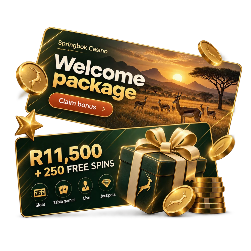 Two promotional cards with a savanna sunset and a gold gift box, with gold coins falling around them