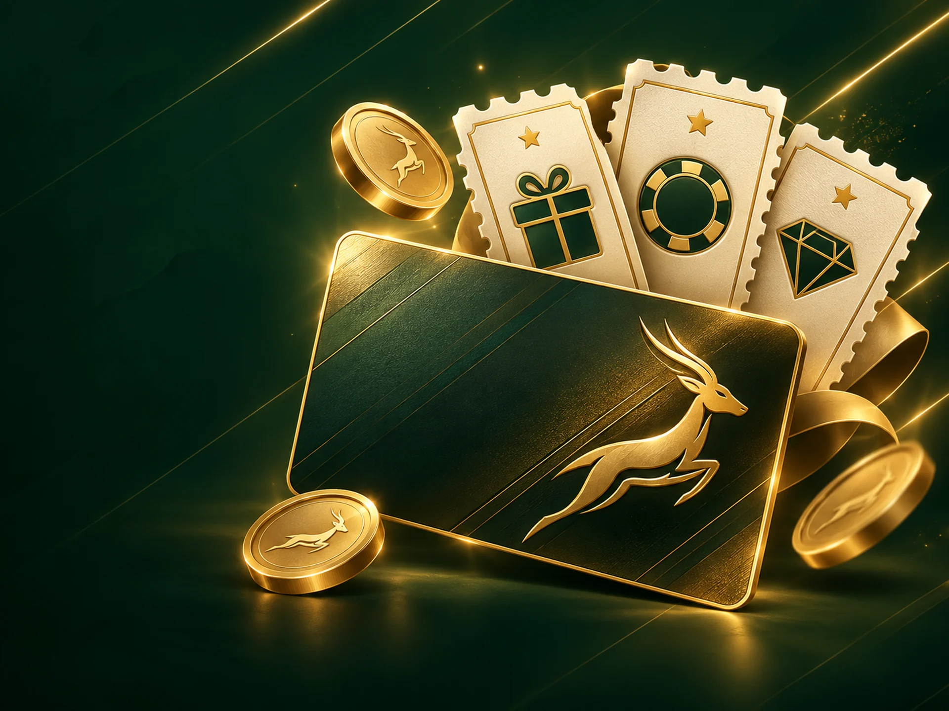 Gold VIP card and a stack of coupon tickets on a dark green background