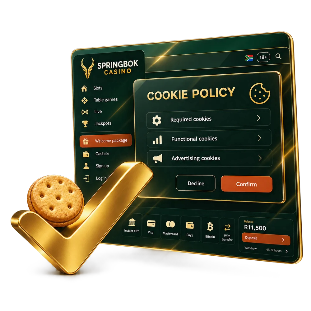 Document panel with a gold check mark and a small gold biscuit-shaped token in front of it