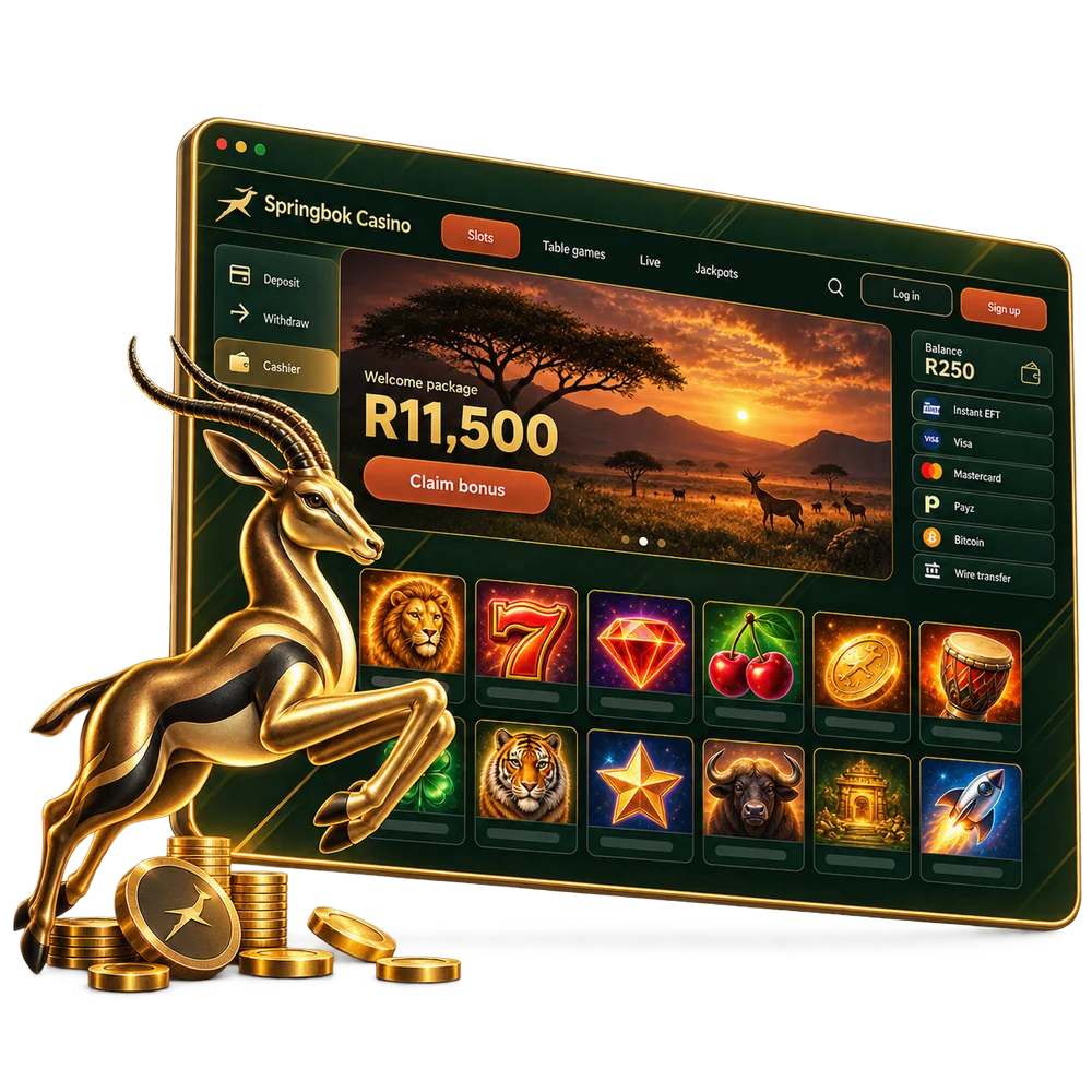 Springbok Casino lobby open in a browser window, with a gold springbok leaping in front of it