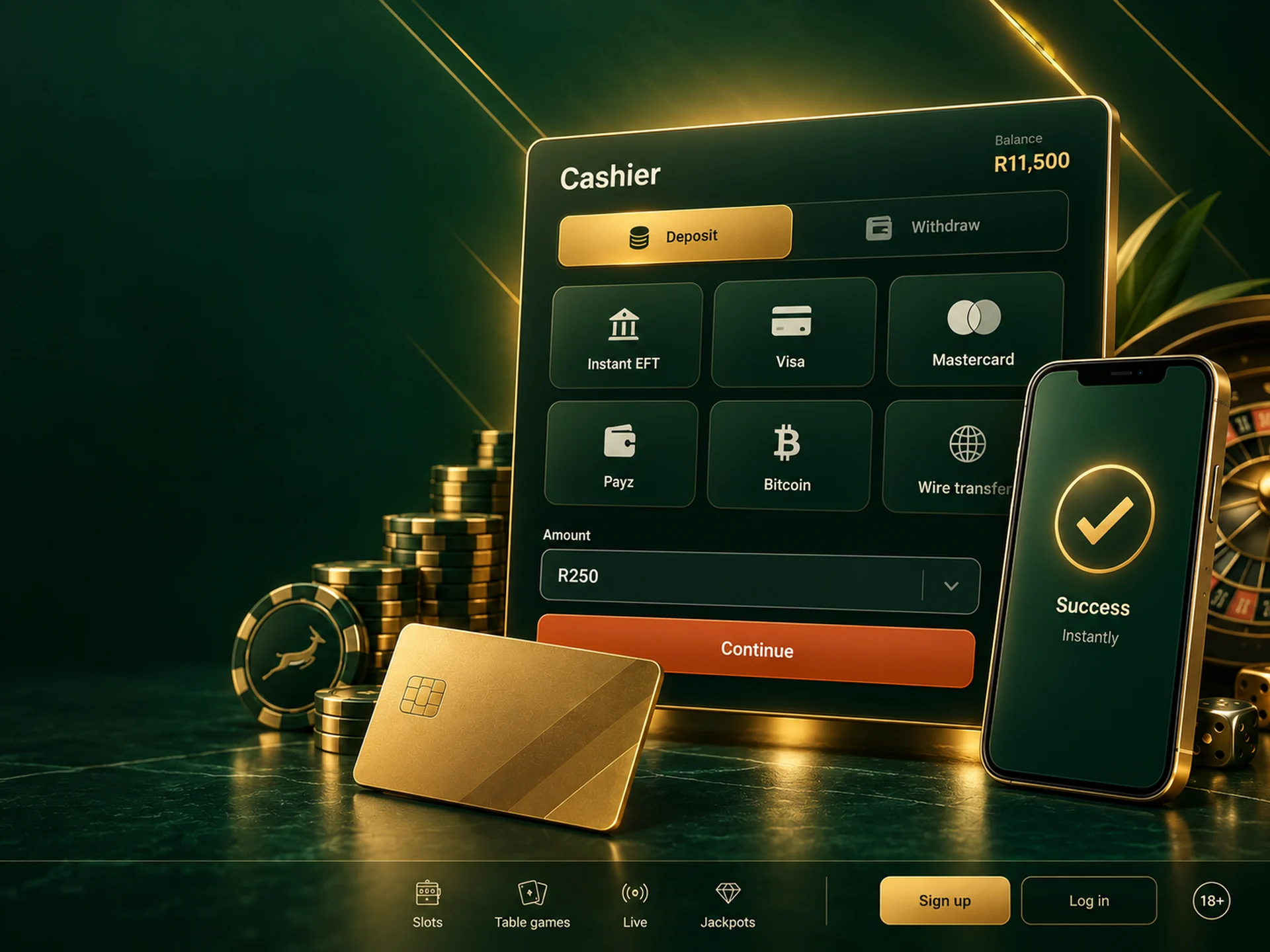 Cashier deposit panel with an amount field and a rust confirm button, a bank card floating beside it