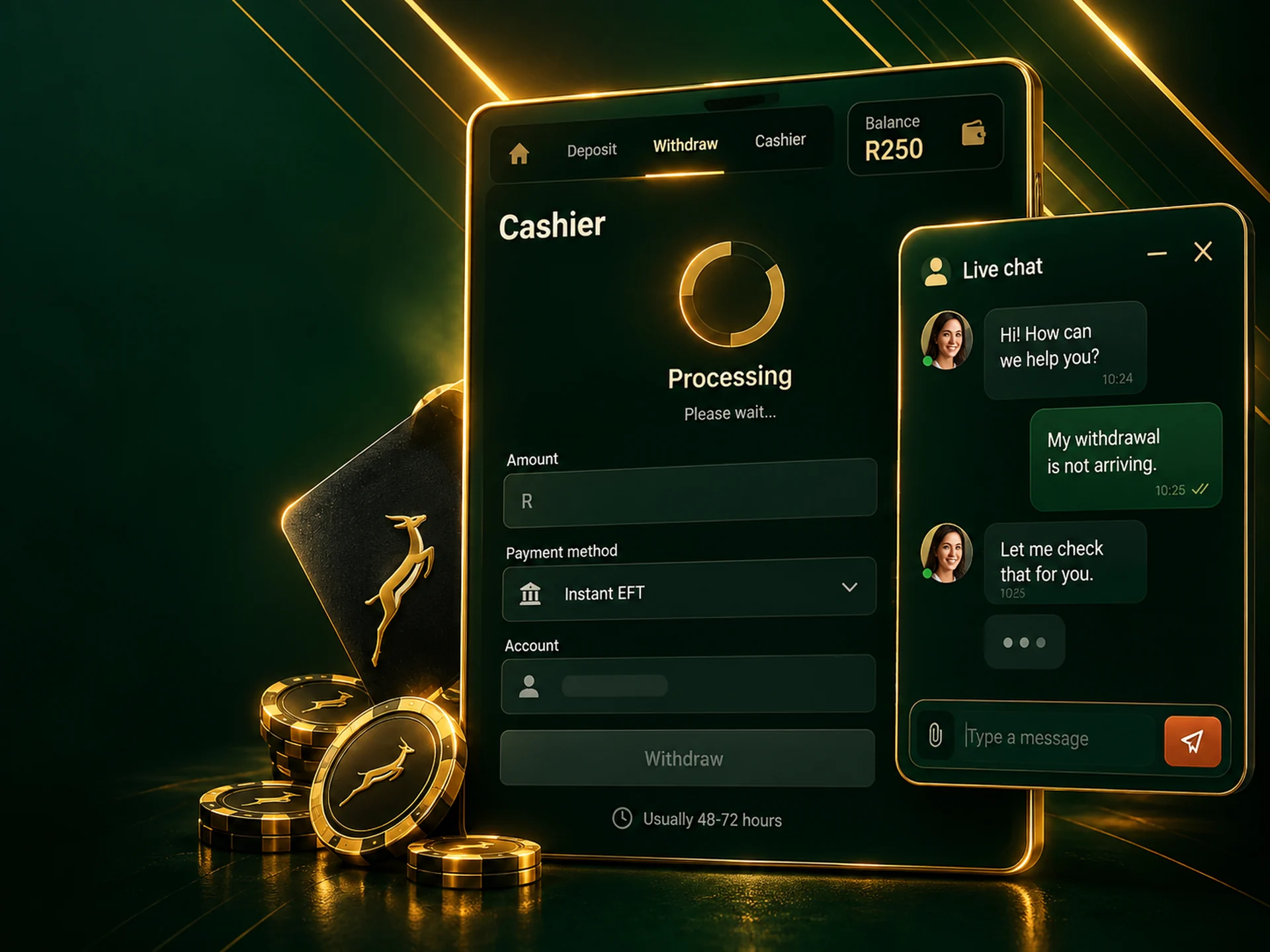 Cashier panel with a loading spinner and a support chat bubble