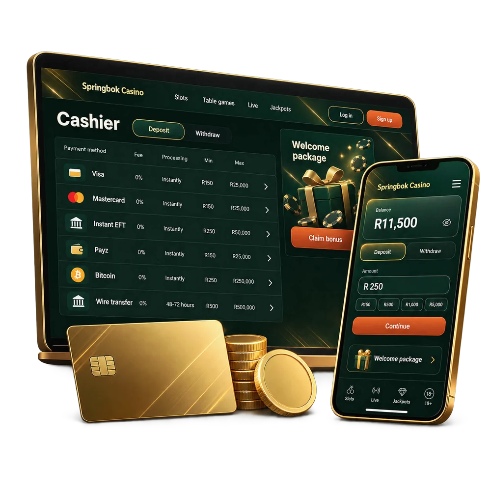 Cashier window with payment method tiles and a phone wallet screen, with gold coins in front