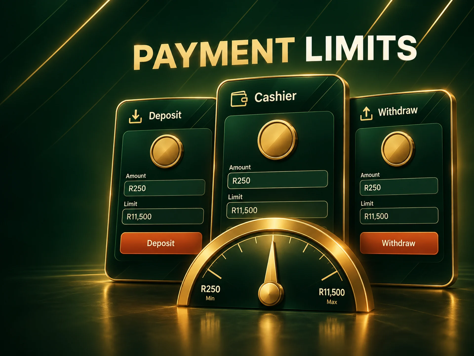 Three stacked cashier panels with a gold gauge showing minimum and maximum amounts