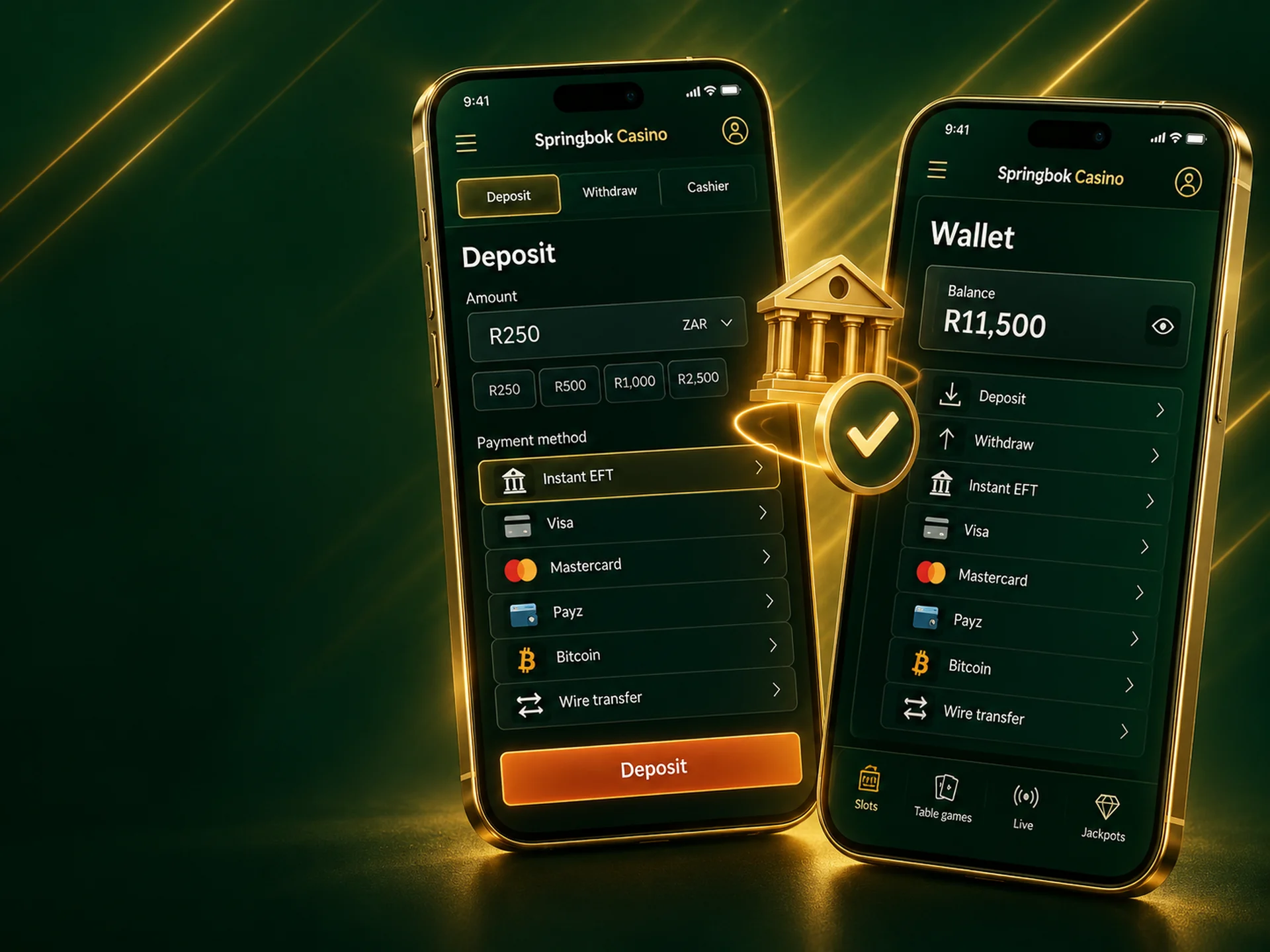 Phone showing the cashier with payment method tiles and a confirm button