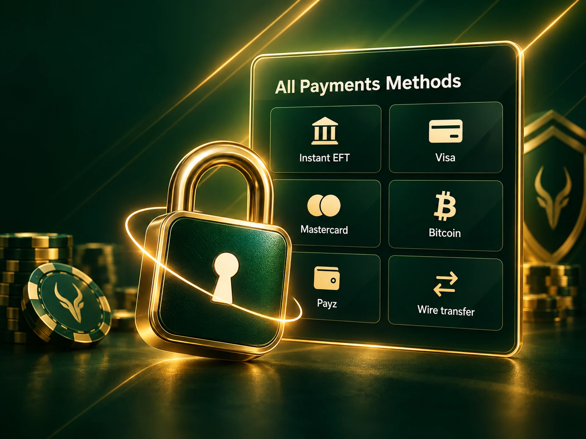 Gold padlock in front of a cashier panel with blank payment tiles
