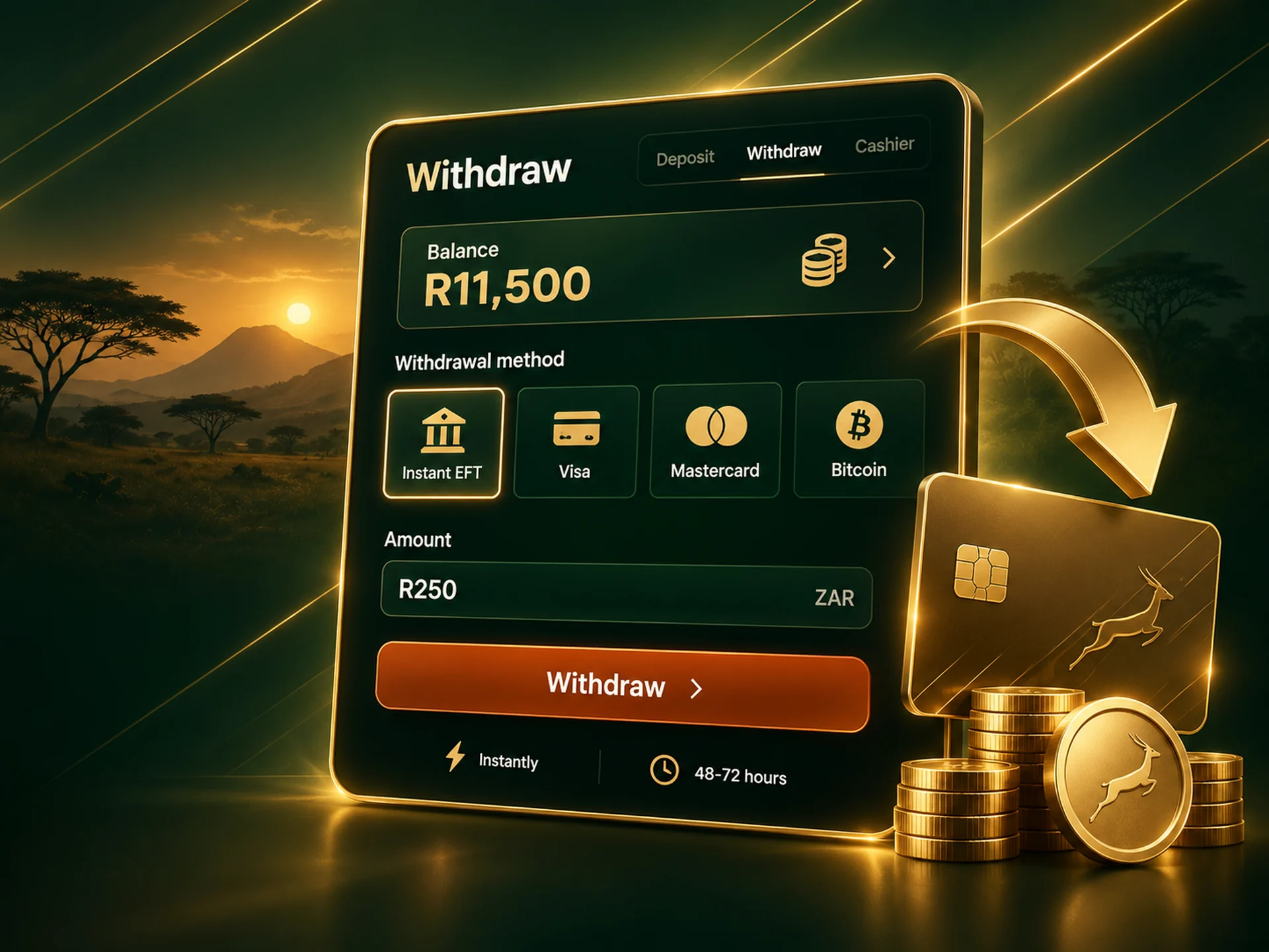 Withdrawal panel with a rand amount and a gold arrow leading to a bank card