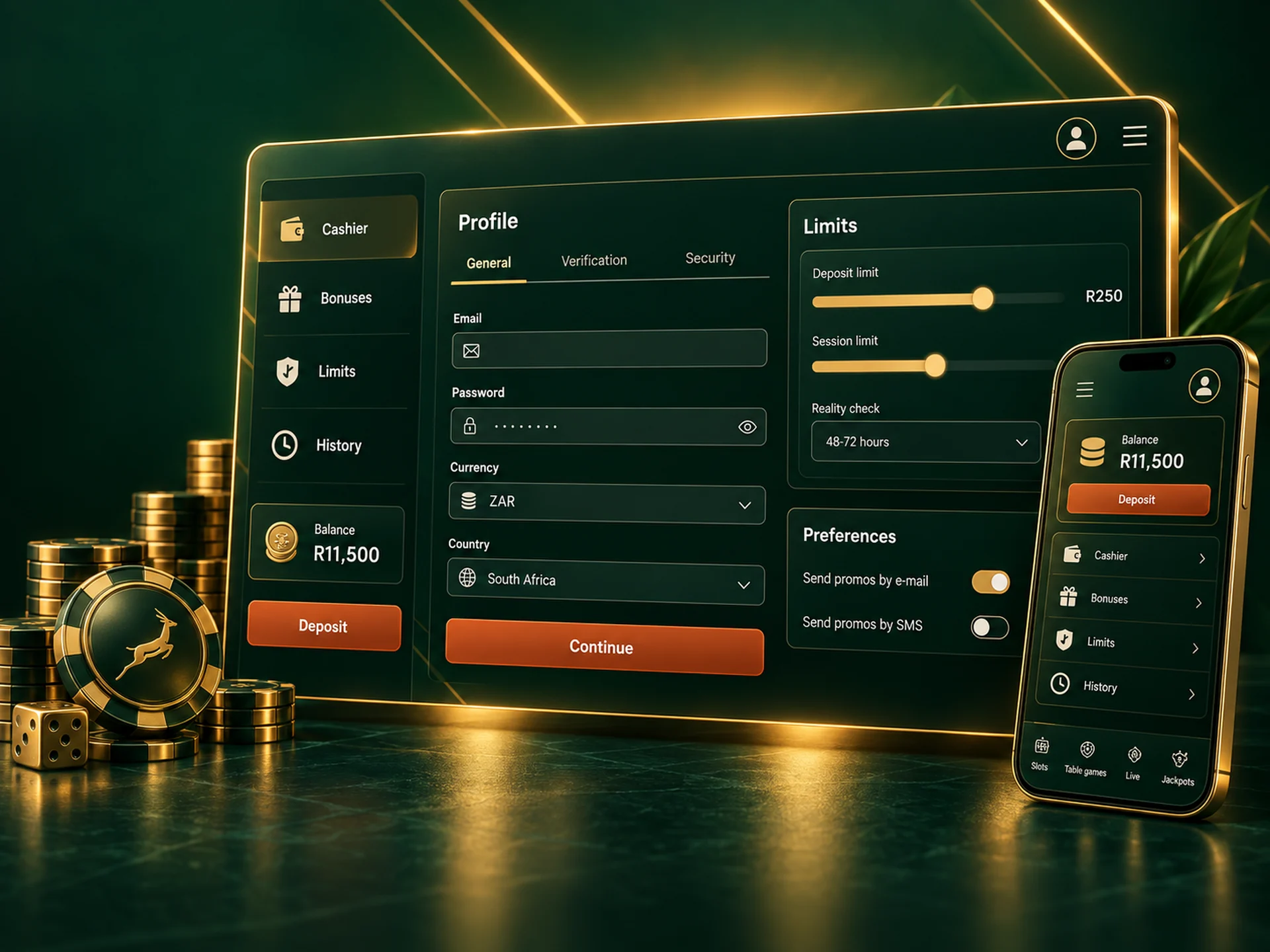 Account dashboard panels showing balance, profile and limits sections