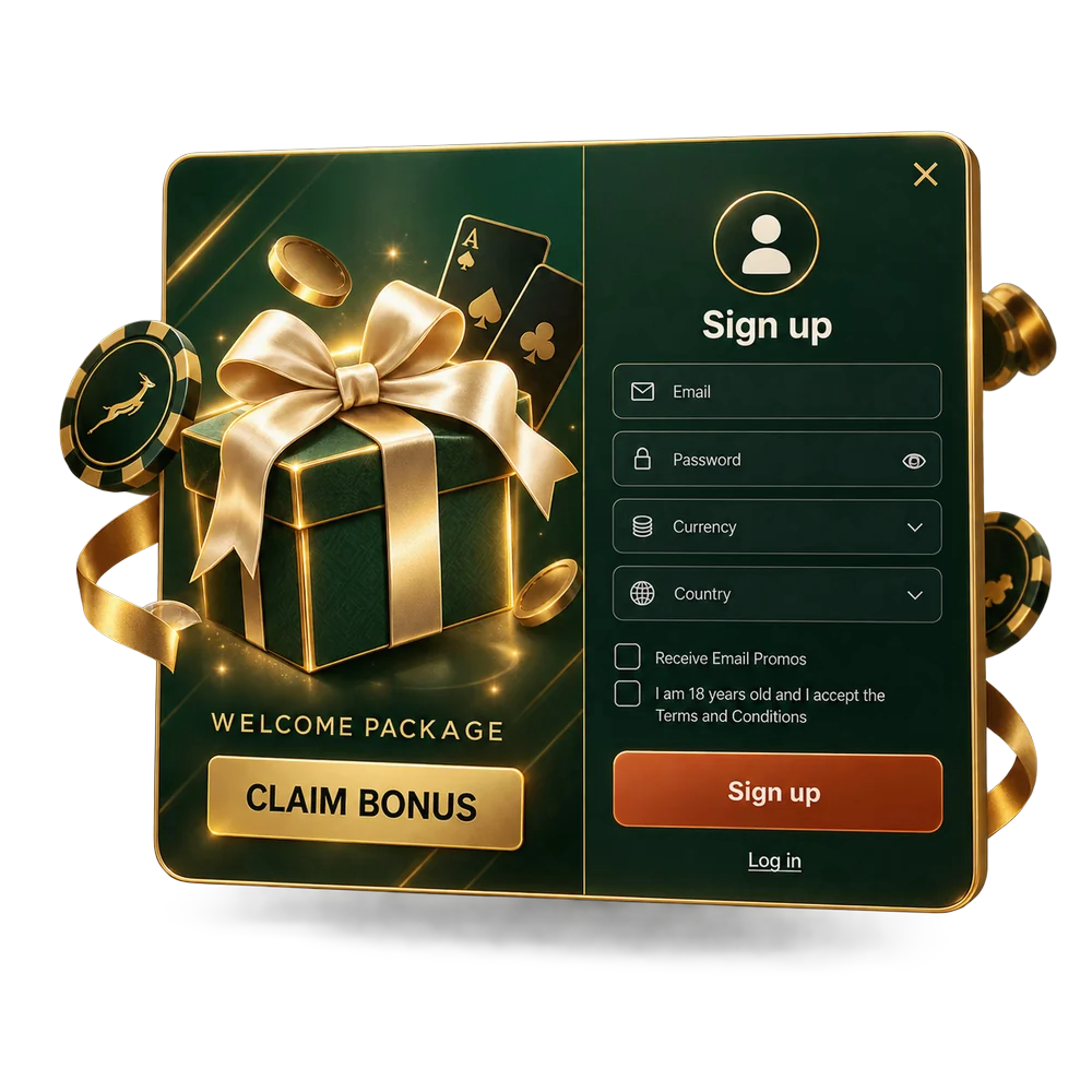Springbok Casino sign-up form next to a gold gift box