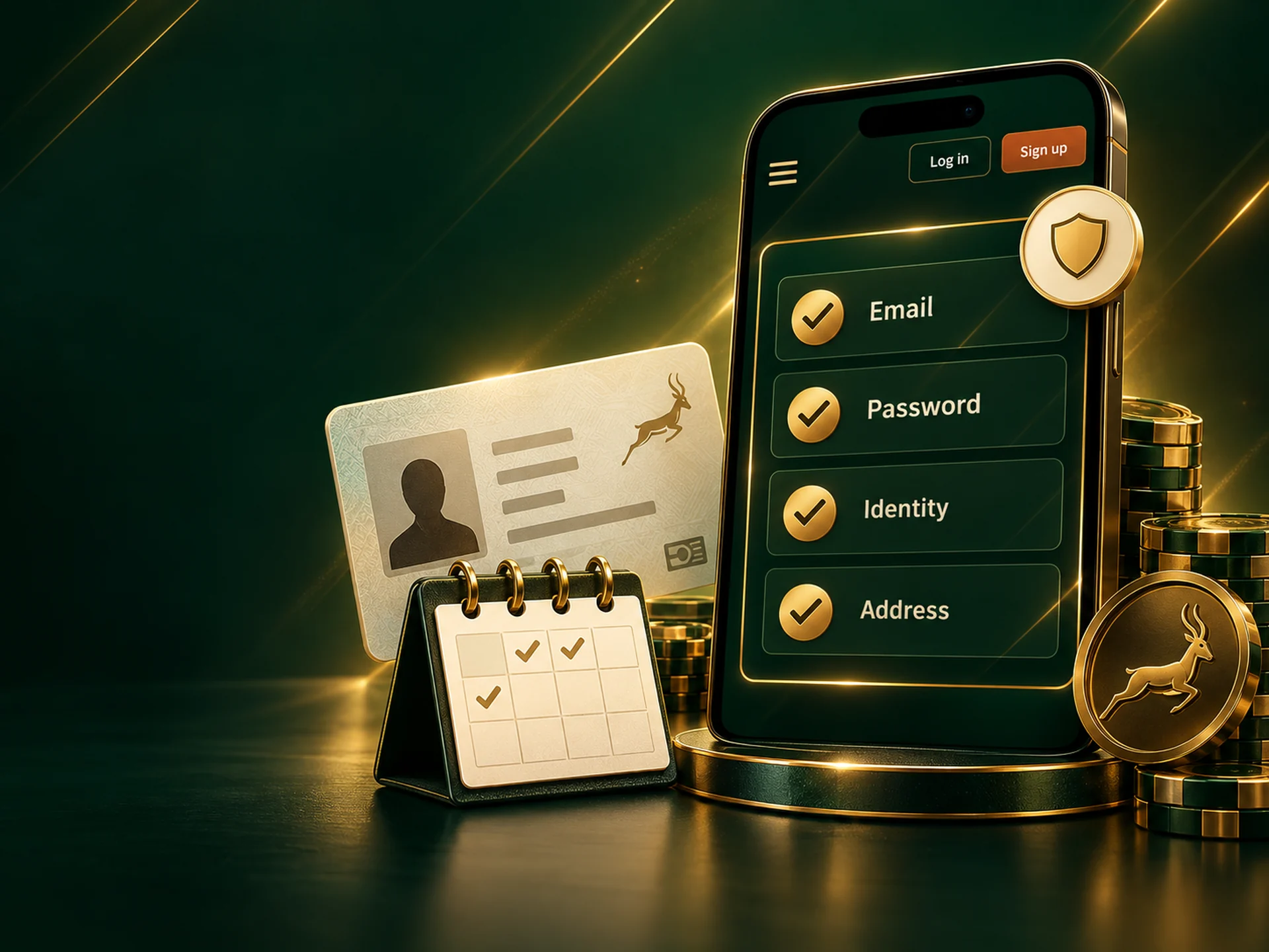 Checklist card with gold ticks next to an ID card and a calendar