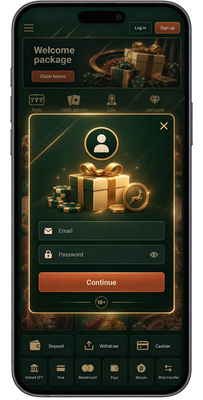 Springbok Casino sign-up form opened on a phone