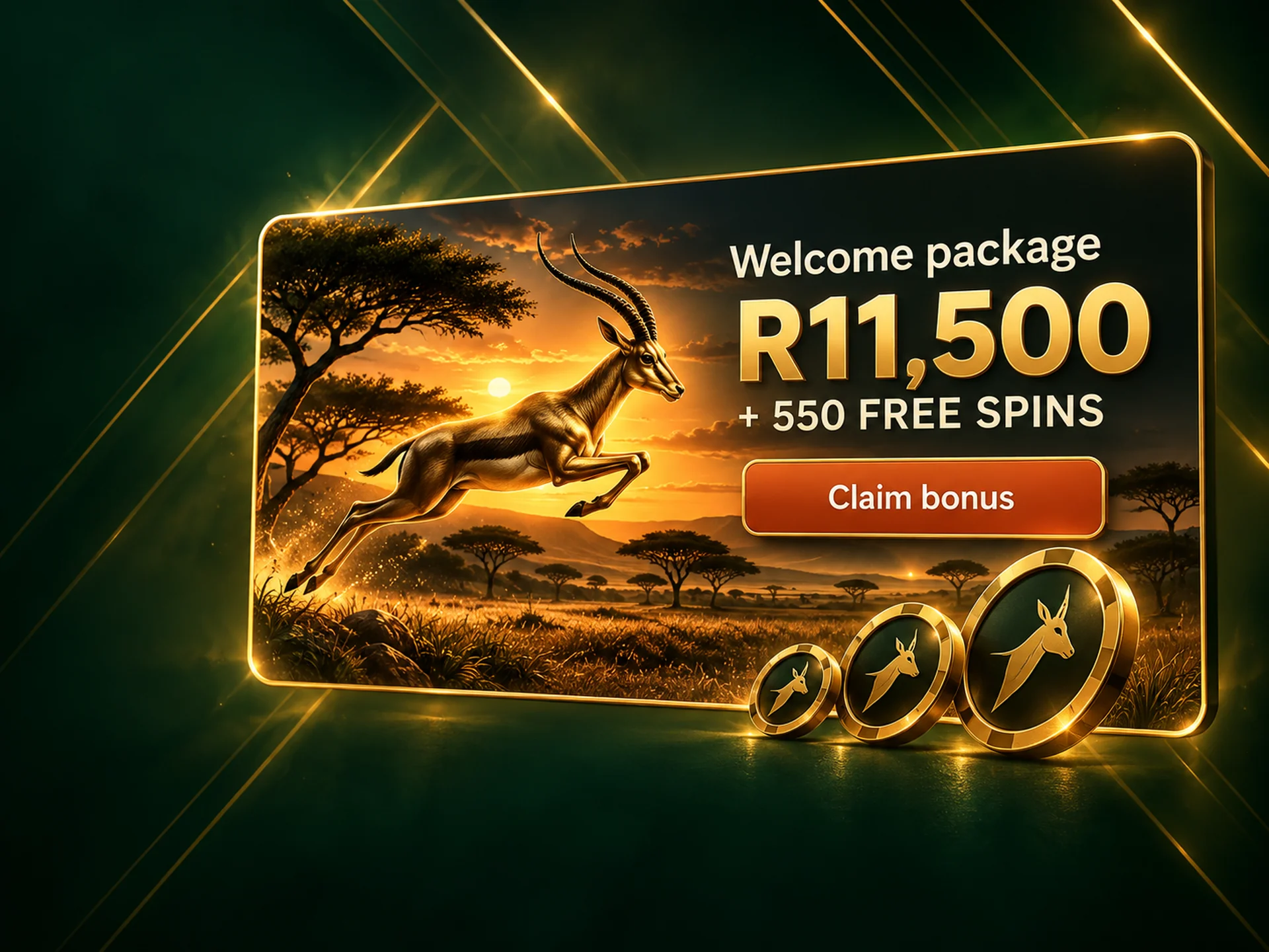 Promotional card with a savanna sunset and a gold springbok, standing for the welcome package