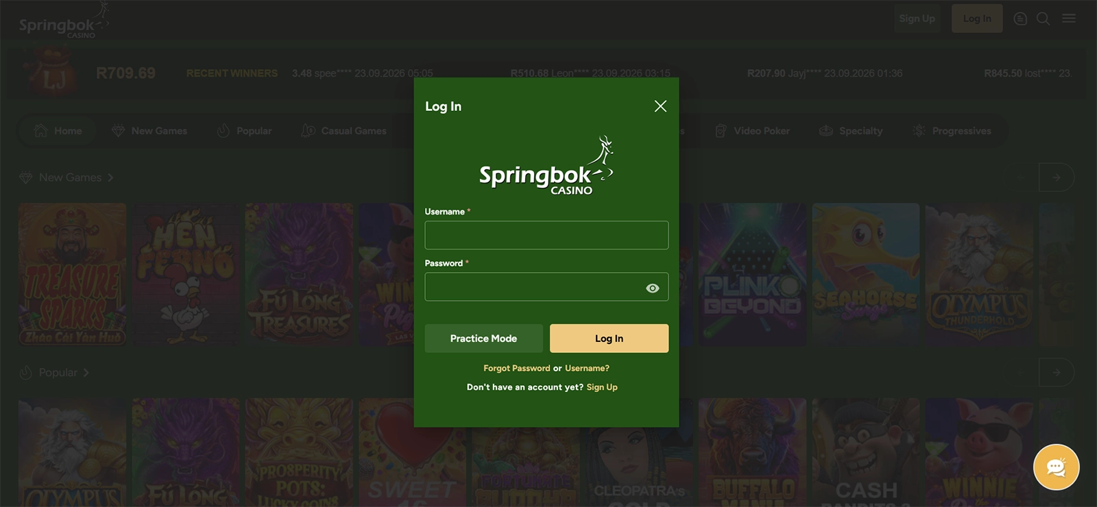 Springbok casino login form official
